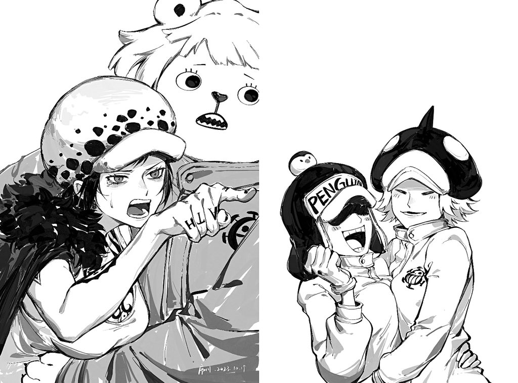 4girls, :d, ^_^, bear, bepo, clenched_hand, closed_eyes, coat, coat_on_shoulders, genderswap, genderswap_(mtf), gloves, greyscale, hat, hat_over_eyes, hug, jumpsuit, jyukawa, meme, monochrome, multiple_girls, one_piece, open_mouth, orca_hat, parody, penguin_(one_piece), penguin_hat, pointing, pointing_at_another, polar_bear, shachi_(one_piece), short_hair, smile, tank_top, tattoo, trafalgar_law, woman_yelling_at_cat_(meme)