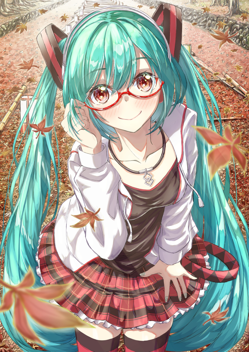 1girl, alternate_eye_color, aqua_hair, autumn, autumn_leaves, black_shirt, closed_mouth, collarbone