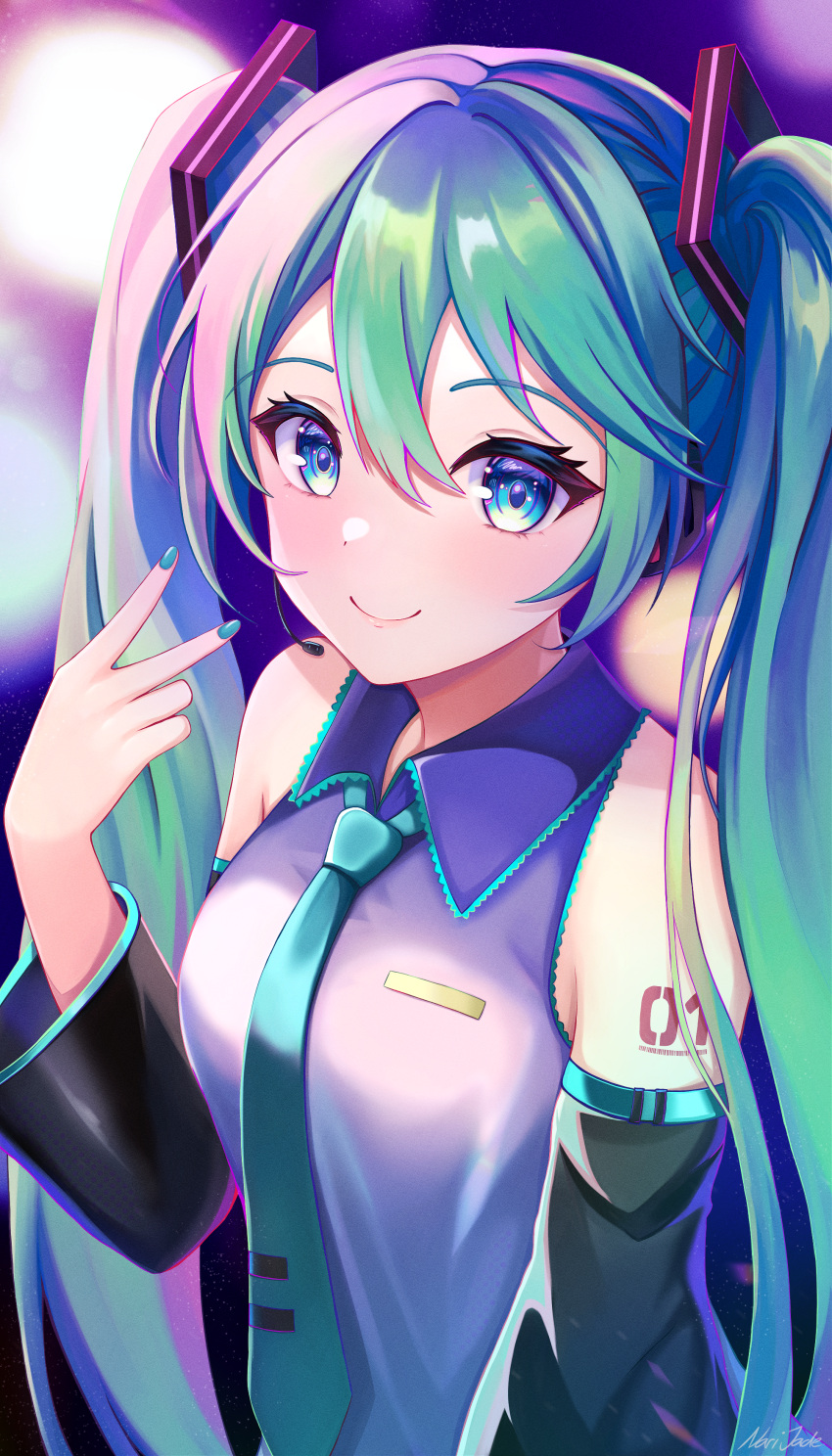 1girl, absurdres, aqua_necktie, arm_tattoo, black_sleeves, blue_eyes, blue_nails, closed_mouth