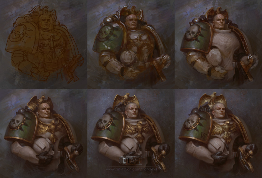 1boy, adeptus_astartes, armor, artist_logo, bald, bird, breastplate, closed_mouth, commentary, couter, dar-devil, death_guard, eagle, english_commentary, gauntlets, gloves, green_armor, hand_on_hilt, helmet, highres, holding, holding_helmet, imperial_aquila, looking_at_viewer, making-of, male_focus, nathaniel_garro, pauldrons, power_armor, rerebrace, scar, scar_on_face, shoulder_armor, sketch, skull, solo, sword, upper_body, warhammer_40k, weapon, web_address, white_armor