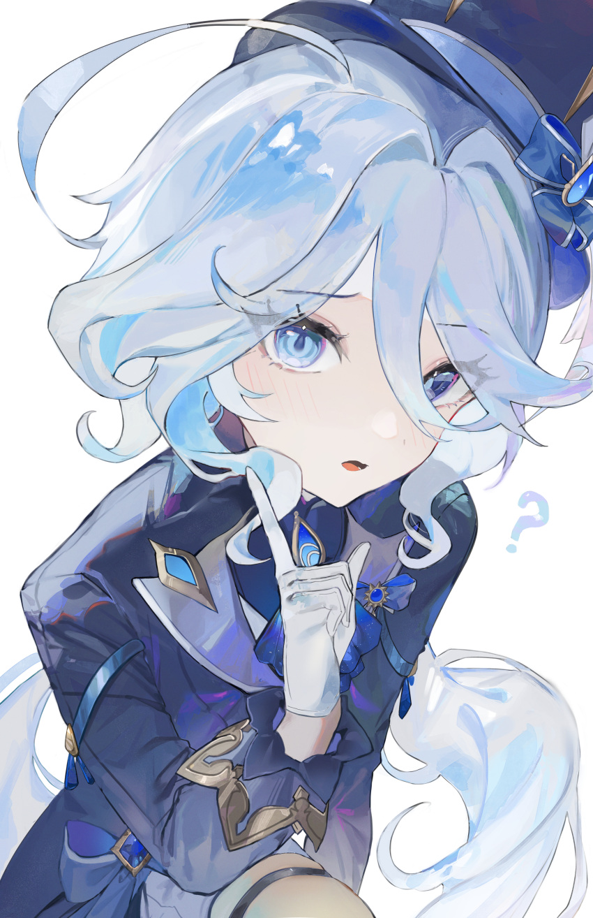 1girl, ?, absurdres, ahoge, ascot, blue_ascot, blue_bow, blue_brooch