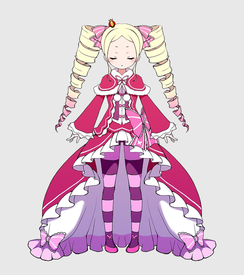 1girl, beatrice_(re:zero), blonde_hair, bow, capelet, closed_eyes, closed_mouth, crown, drill_hair, facing_viewer, full_body, fur-trimmed_capelet, fur_trim, grey_background, hair_bow, highres, jacket, long_sleeves, mini_crown, neck_ribbon, pantyhose, parted_bangs, pink_bow, pink_footwear, prmsub, purple_pantyhose, re:zero_kara_hajimeru_isekai_seikatsu, red_jacket, ribbon, shoes, simple_background, solo, standing, striped, striped_pantyhose, twin_drills, twintails