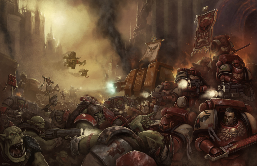 absurdres, adrian4rt, armor, armored_boots, banner, battle, battle_damage, black_hair