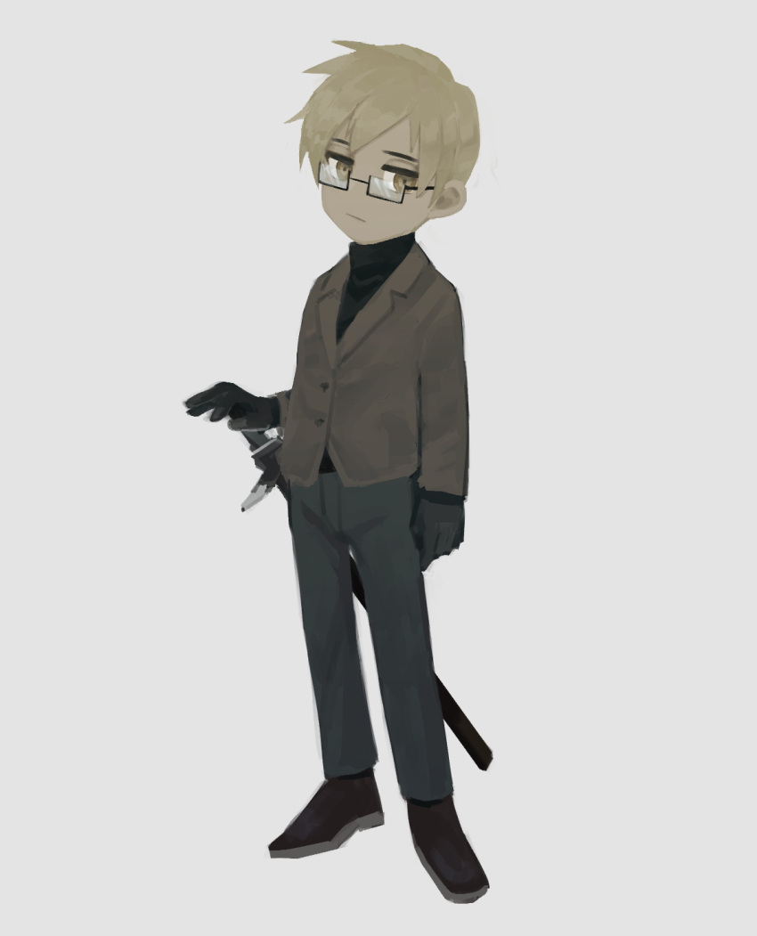 1boy, black_footwear, black_gloves, black_pants, black_sweater, blonde_hair, brown_jacket, closed_mouth, full_body, glasses, gloves, highres, jacket, library_of_ruina, looking_at_viewer, male_focus, pants, philip_(library_of_ruina), project_moon, shoes, simple_background, smoke_(killscreen_s), solo, sweater, sword, weapon, white_background, yellow_eyes