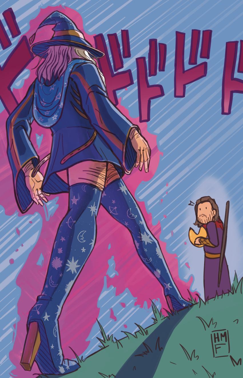 2boys, aura, baldur's_gate, baldur's_gate_3, brown_hair, dungeons_and_dragons, elminster_aumar, facial_hair, gale_(baldur's_gate), grass, grey_hair, hat, havenmaefowler, high_heels, highres, jojo_no_kimyou_na_bouken, leg_hair, medium_hair, meme, menacing_(jojo), multiple_boys, mustache, purple_robe, robe, space_print, staff, starry_sky_print, stubble, wizard_hat