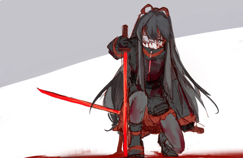1girl, black_eyes, black_footwear, black_hair, black_jacket, black_pantyhose, blood, blood_on_clothes