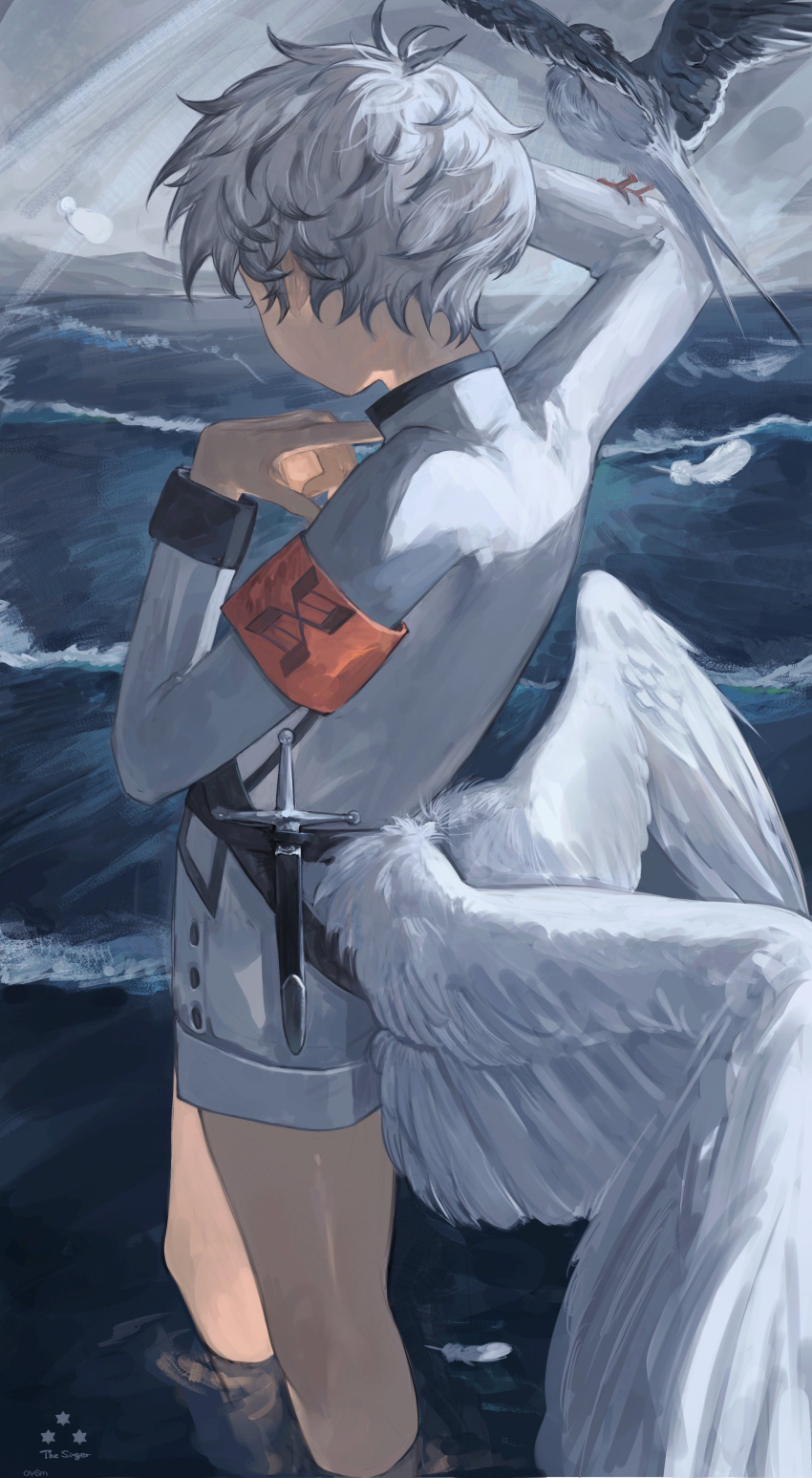 1boy, absurdres, animal_on_arm, arknights, arm_up, armband, bird, bird_on_arm
