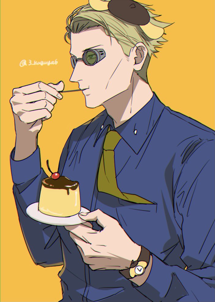 1boy, animal_ears, beret, blonde_hair, blue_shirt, character_hat, collared_shirt, dog_ears