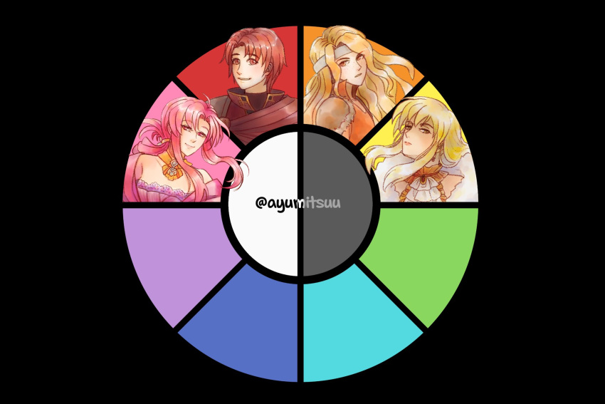 1boy, 3girls, armor, ayumitsuu, azelle_(fire_emblem), blonde_hair, brigid_(fire_emblem), brown_eyes