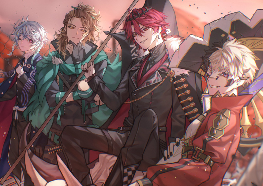 4boys, arm_belt, belt, bishounen, black_belt, black_cape, black_gloves, black_hair