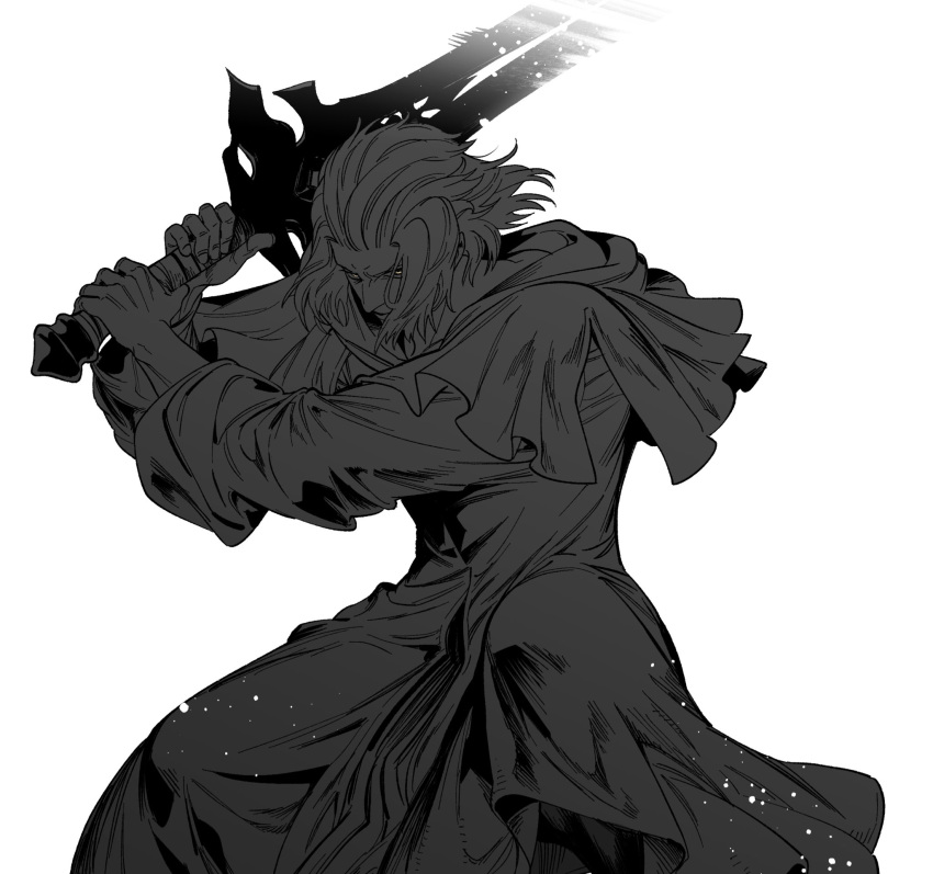 1boy, 5altybitter5, capelet, emet-selch, feet_out_of_frame, fighting_stance, final_fantasy, final_fantasy_xiv, furrowed_brow, greatsword, greyscale, high_contrast, highres, holding, holding_sword, holding_weapon, legs_apart, long_sleeves, looking_at_viewer, male_focus, monochrome, robe, serious, short_hair, simple_background, solo, spot_color, standing, sword, two-handed, two-handed_sword, weapon, white_background, yellow_eyes