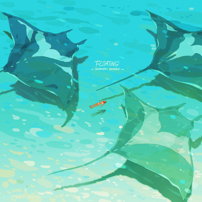1girl, animal, animal_focus, aqua_theme, bikini, black_hair, blue_theme, closed_mouth