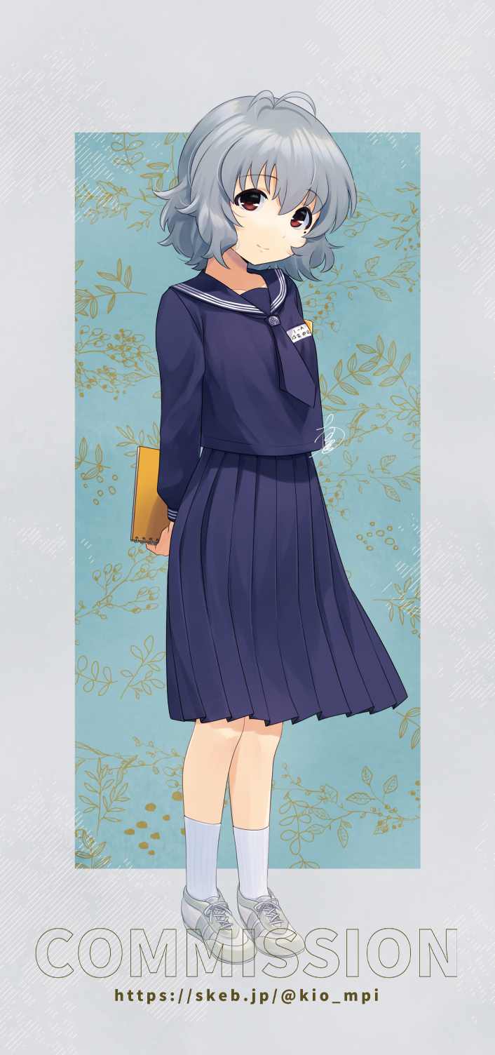 1girl, antenna_hair, arms_behind_back, blue_background, blue_neckerchief, blue_sailor_collar, blue_shirt, blue_skirt, book, brown_eyes, commentary, commission, flat_chest, floral_print, full_body, grey_hair, highres, holding, holding_book, idolmaster, idolmaster_cinderella_girls, kio_mpi, long_skirt, long_sleeves, looking_at_viewer, medium_hair, mole, mole_under_eye, name_tag, narumiya_yume, neckerchief, pleated_skirt, sailor_collar, school_uniform, shirt, sidelocks, skeb_commission, skirt, smile, socks, solo, standing, wavy_hair, white_footwear, white_socks