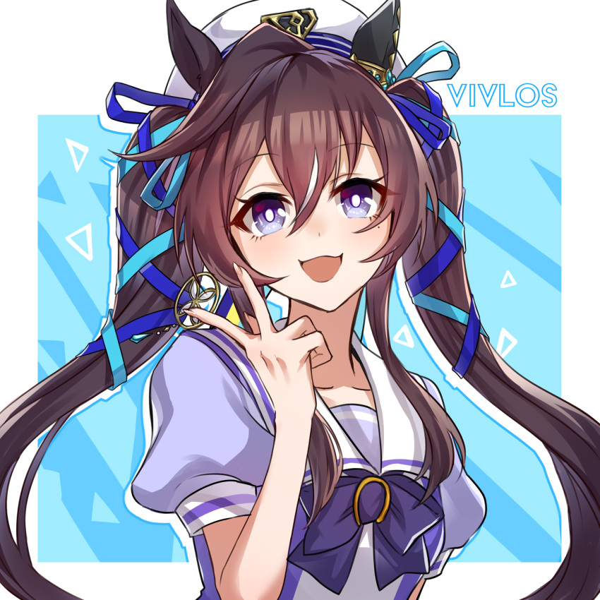1girl, beret, black_hair, blue_eyes, blush, character_name, collarbone, commentary_request, earrings, hat, highres, jewelry, long_hair, medium_hair, mommy_maro, open_mouth, portrait, ribbon, school_uniform, simple_background, single_earring, solo, tracen_school_uniform, twintails, umamusume, v, vivlos_(umamusume)