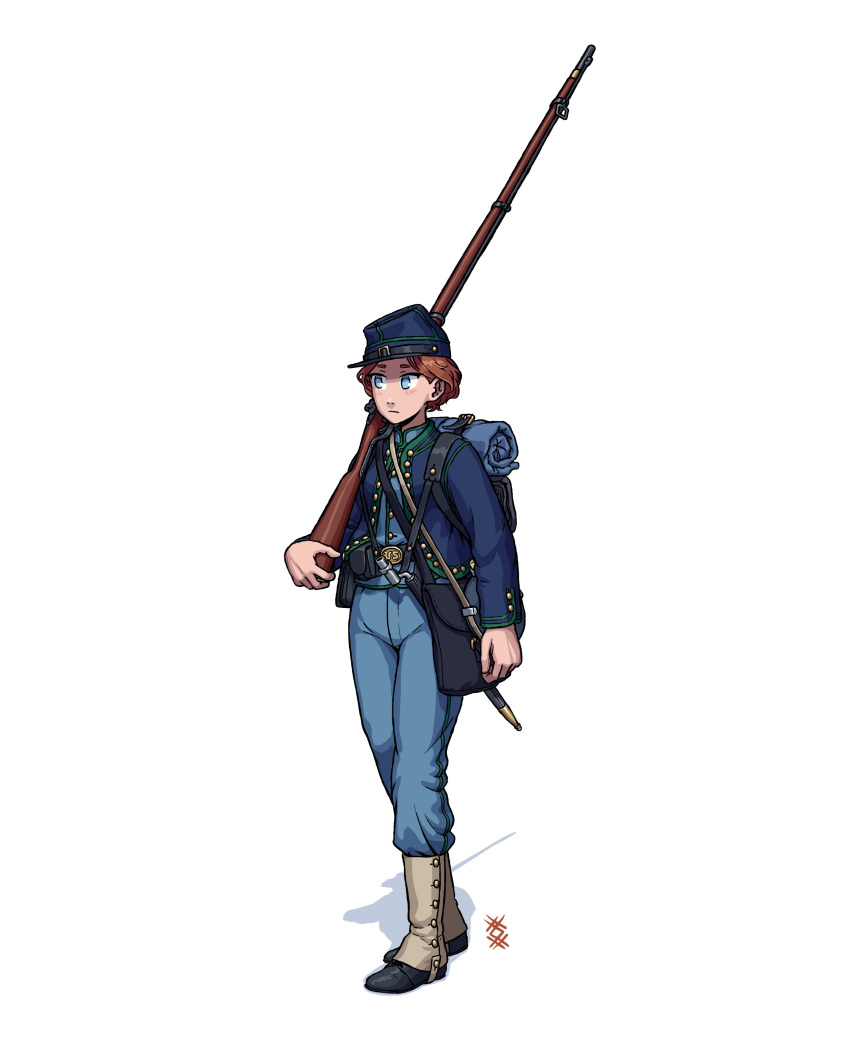1girl, absurdres, american_civil_war, antique_firearm, army, bag, bayonet, bedroll