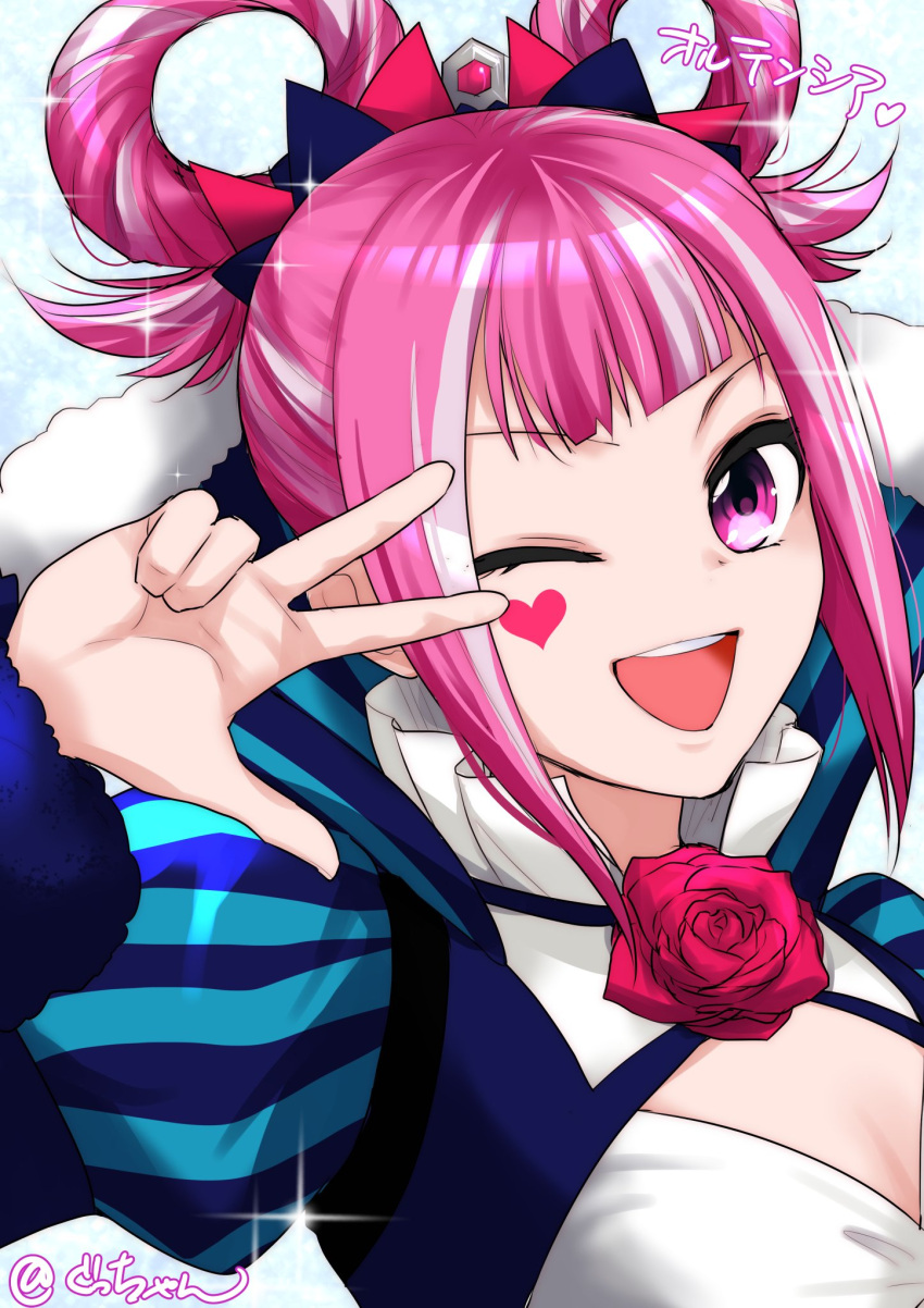 1girl, cross-laced_clothes, cross-laced_dress, dress, facial_mark, fire_emblem, fire_emblem_engage, flower, folded_twintails, hair_flaps, hair_rings, heart, heart_facial_mark, highres, hortensia_(fire_emblem), multicolored_hair, one_eye_closed, open_mouth, pink_eyes, pink_hair, red_flower, red_rose, rose, solo, sparkle, striped, striped_dress, teeth, two-tone_hair, upper_body, upper_teeth_only, v, vertical-striped_dress, vertical_stripes, yuki_cryp_a