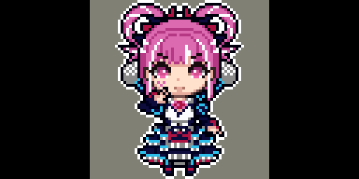 cross-laced_clothes, cross-laced_dress, dress, facial_mark, fire_emblem, fire_emblem_engage, folded_twintails, hair_rings, heart, heart_facial_mark, hekiga, hortensia_(fire_emblem), multicolored_hair, pink_hair, pixel_art, striped, striped_dress, two-tone_pantyhose, vertical-striped_dress, vertical_stripes