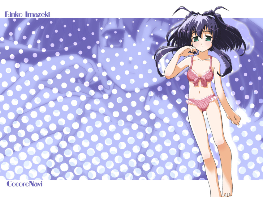 barefoot, bikini, frilled_bikini, frills, hair_flip, imazeki_rinko, kokoro_navi, polka_dot