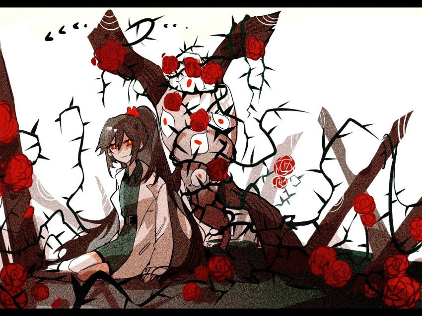 1girl, aislan, brown_hair, carmen_(project_moon), coat, flower, green_shirt, high_ponytail, lab_coat, limbus_company, lobotomy_corporation, long_hair, long_sleeves, looking_at_viewer, monster, project_moon, red_eyes, red_flower, red_rose, rose, shirt, sign_of_roses, sitting, solo, thorns, very_long_hair, white_coat, wing_collar
