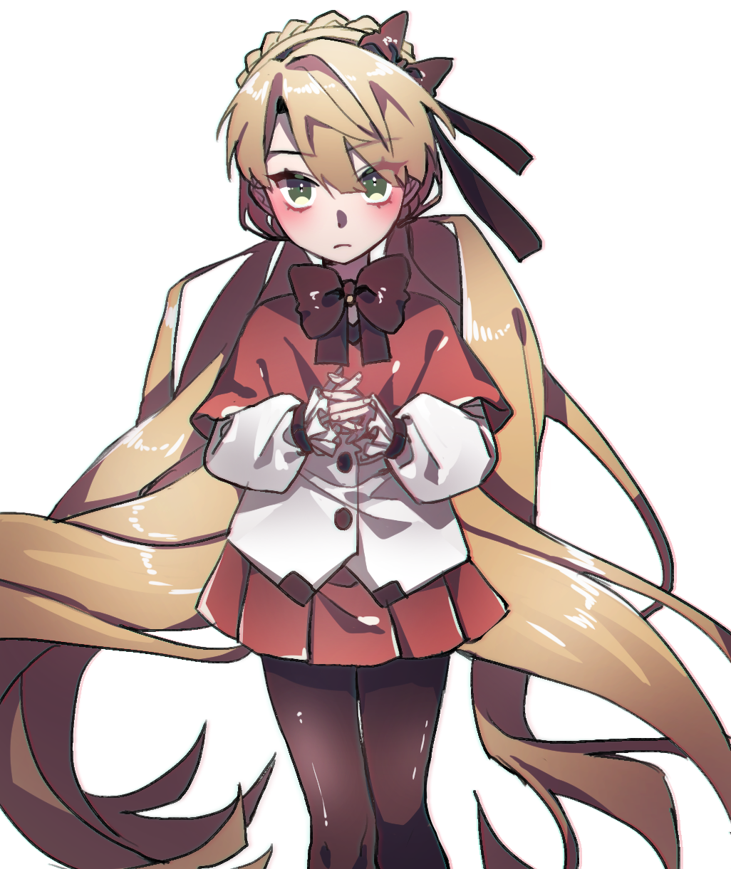 1girl, blonde_hair, blush, bow, bowtie, braid, brown_bow, brown_bowtie