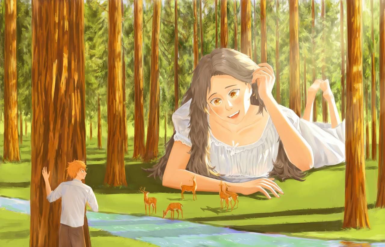 1boy, 1girl, barefoot, black_eyes, brown_hair, brown_pants, collarbone, collared_shirt, commentary, day, deer, dress, english_commentary, eyelashes, feet_up, fingernails, forest, giant, giantess, grin, hand_in_own_hair, kuwagatata, lace-trimmed_dress, lace-trimmed_sleeves, lace_trim, long_dress, long_hair, long_sleeves, looking_at_animal, looking_at_another, lying, nature, on_stomach, open_mouth, orange_eyes, orange_hair, original, outdoors, pants, puffy_short_sleeves, puffy_sleeves, shadow, shirt, short_hair, short_sleeves, size_difference, sleeves_past_elbows, smile, square_neckline, stream, sunlight, teeth, upper_teeth_only, white_dress, white_shirt