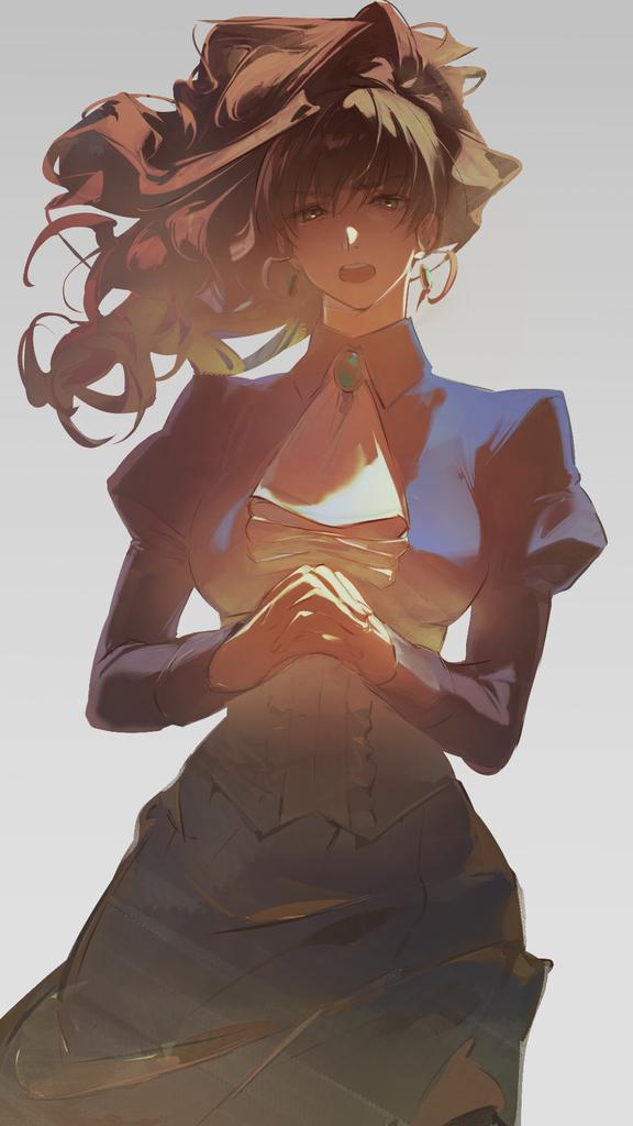 ascot, brown_hair, earrings, formal, jewelry, kkia, long_sleeves, ponytail
