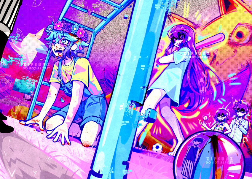 1girl, 4boys, absurdres, aubrey_(headspace)_(omori), aubrey_(omori), ball, baseball_bat, basil_(headspace)_(omori)