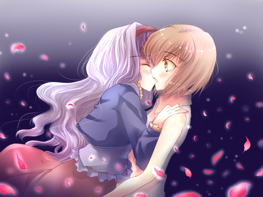 2girls, bare_shoulders, brown_eyes, brown_hair, closed_eyes, dress, hagiwara_yukiho, hairband