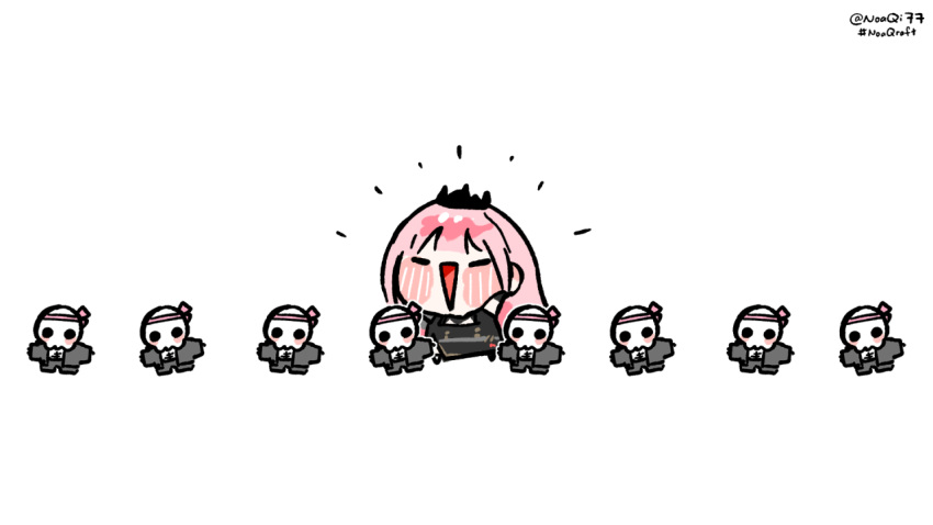 1girl, black_dress, black_jacket, blush, chibi, closed_eyes, deadbeat_(calliope_mori), dress