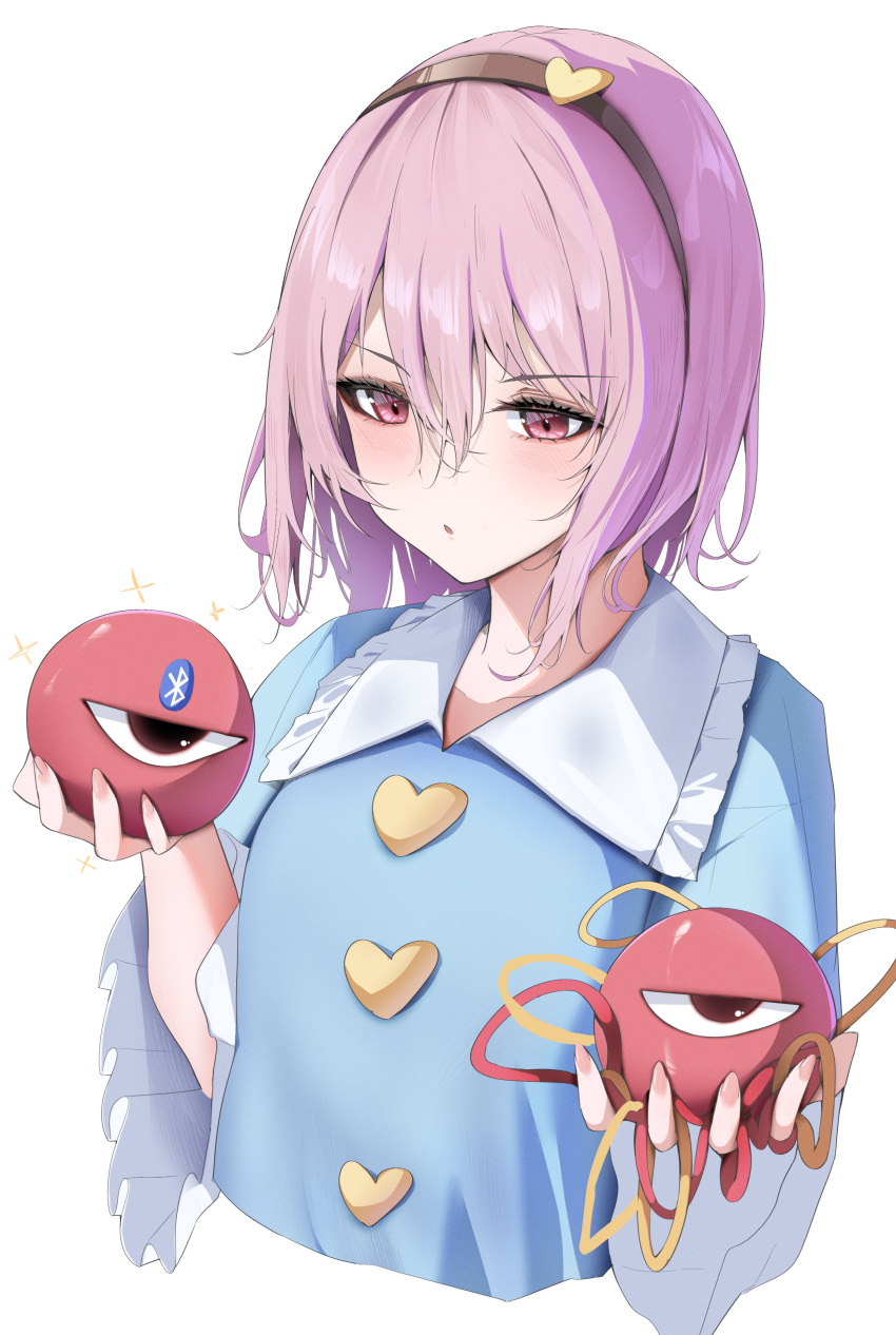 1girl, 258n, absurdres, black_hairband, blue_shirt, bluetooth, blush, buttons