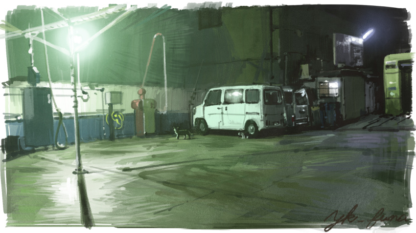 building, car, cat, highres, motor_vehicle, night, no_humans, original