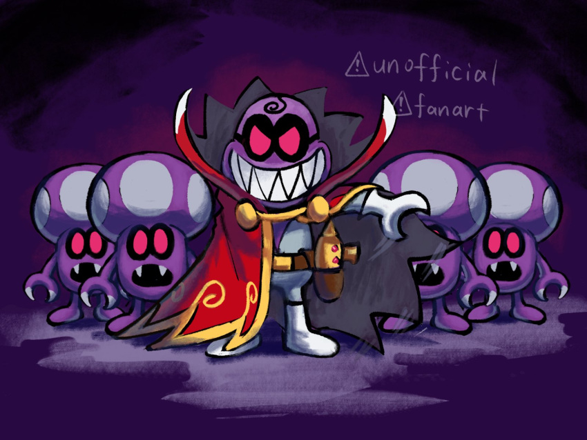 5boys, alternate_form, belt, black_sclera, boots, brown_belt, cape, colored_sclera, english_text, fangs, fawful, gloves, highres, looking_at_viewer, mari_luijiroh, mario_&amp;_luigi:_partners_in_time, mario_&amp;_luigi_rpg, masanori_sato_(style), multiple_boys, pink_eyes, red_cape, sharp_teeth, shroob, super_mario_bros., teeth, watermark, white_footwear, white_gloves
