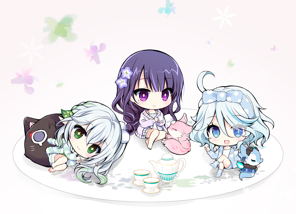 3girls, :d, barefoot, blue_bow, blue_eyes, blue_hair, blue_jacket, blue_socks
