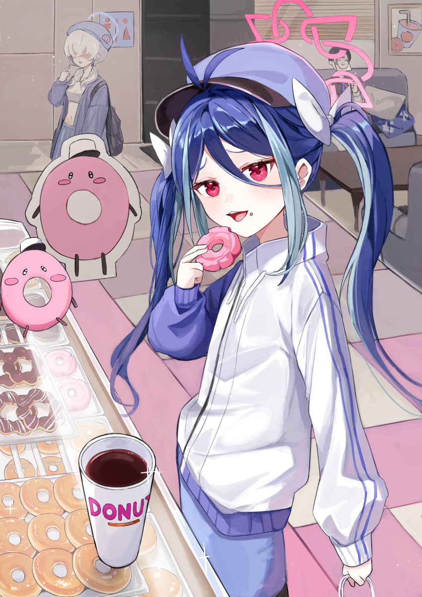 1boy, 2girls, absurdres, antenna_hair, arona's_sensei_doodle_(blue_archive), blue_archive, blue_hair, blue_headwear