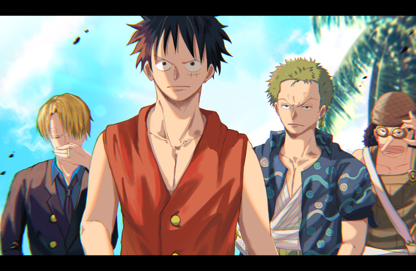 4boys, bandaged_chest, bandages, bandana, black_eyes, black_hair, black_necktie, blonde_hair