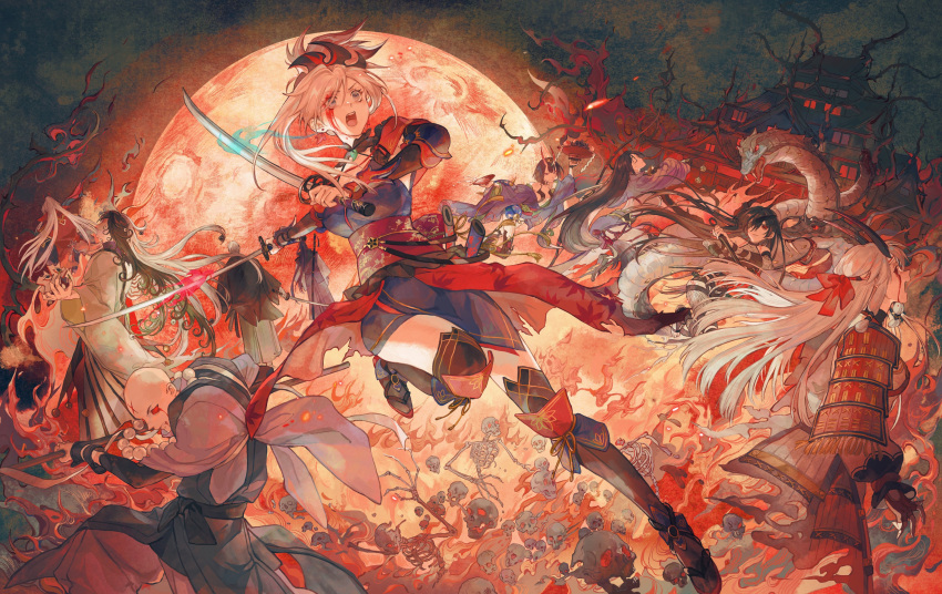 absurdres, amakusa_shirou_(fate), arm_guards, armor, ashiya_douman_(fate), asymmetrical_hair, bald, bead_necklace