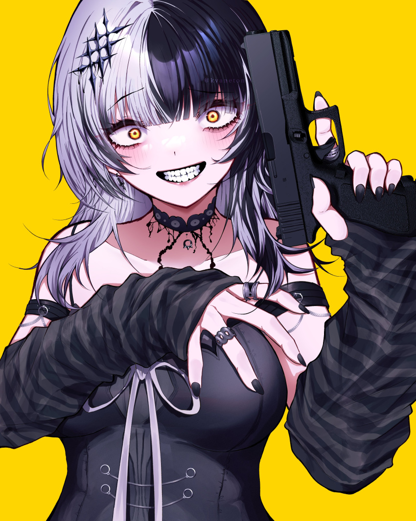 1girl, absurdres, black_choker, black_hair, black_nails, choker, detached_sleeves, glock