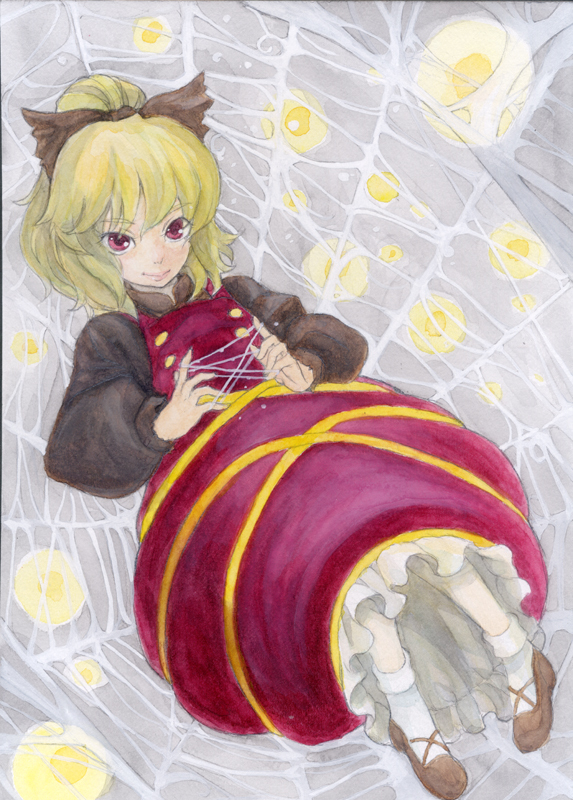 cat's_cradle, cat's_cradle, kurodani_yamame, kuronekokan_monpetit, petticoat, ponytail, red_eyes, short_hair