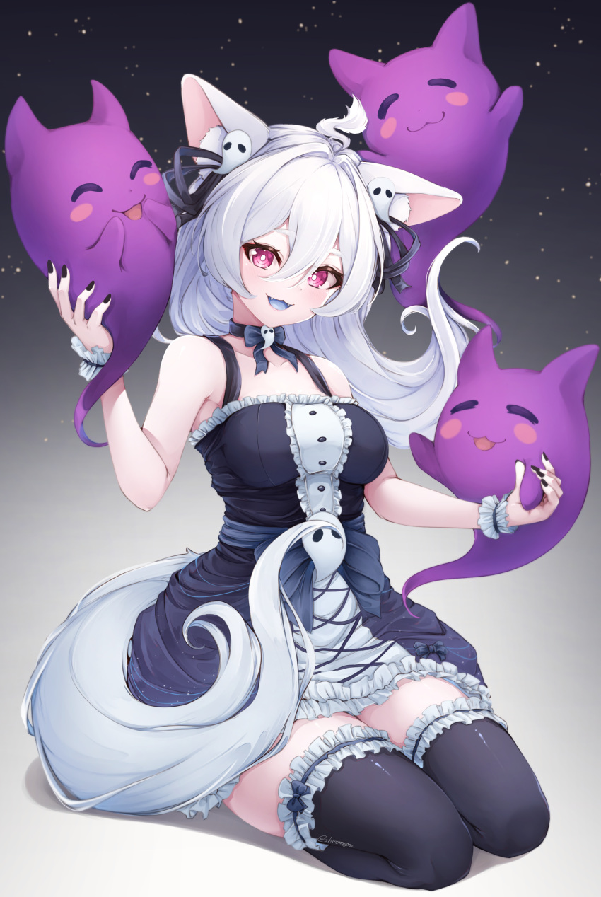 1girl, :3, :d, =_=, absurdres, ahoge, animal_ear_fluff, animal_ears, bare_shoulders, black_bow, black_dress, black_nails, black_ribbon, black_thighhighs, blue_tongue, bow, bowtie, breasts, bright_pupils, center_frills, collarbone, colored_tongue, dress, fangs, fox_ears, fox_girl, fox_tail, frilled_cuffs, frilled_dress, frilled_thighhighs, frills, full_body, ghost, ghost_hair_ornament, gradient_background, hair_between_eyes, hair_ribbon, hands_up, highres, impossible_clothes, impossible_dress, indie_virtual_youtuber, light_particles, long_hair, looking_at_viewer, medium_breasts, neck_ribbon, pink_eyes, pooky_boo, ribbon, seiza, shironagase, sitting, sleeveless, sleeveless_dress, smile, solo, tail, thigh-highs, virtual_youtuber, white_hair, white_pupils, wrist_cuffs