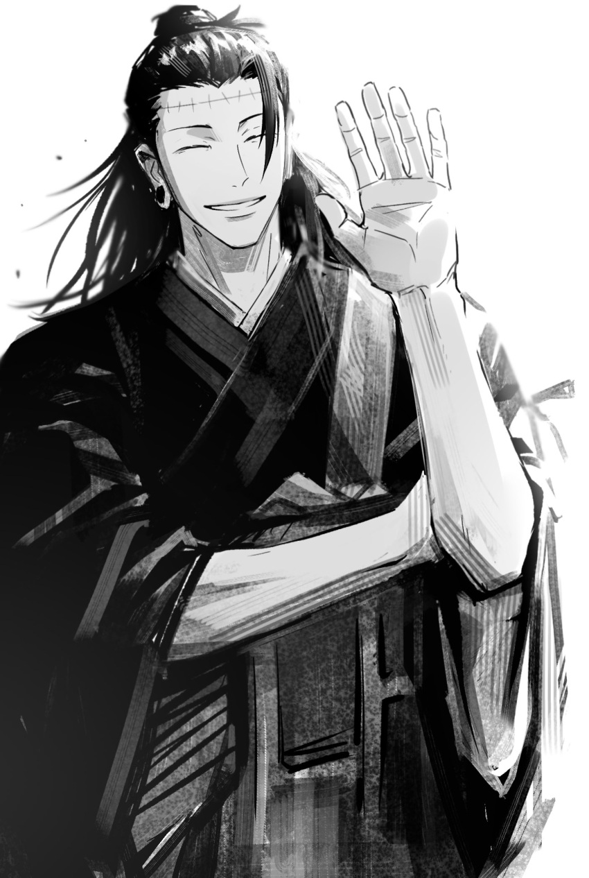 1boy, ^_^, closed_eyes, cowboy_shot, ear_piercing, getou_suguru, getou_suguru_(kenjaku), greyscale