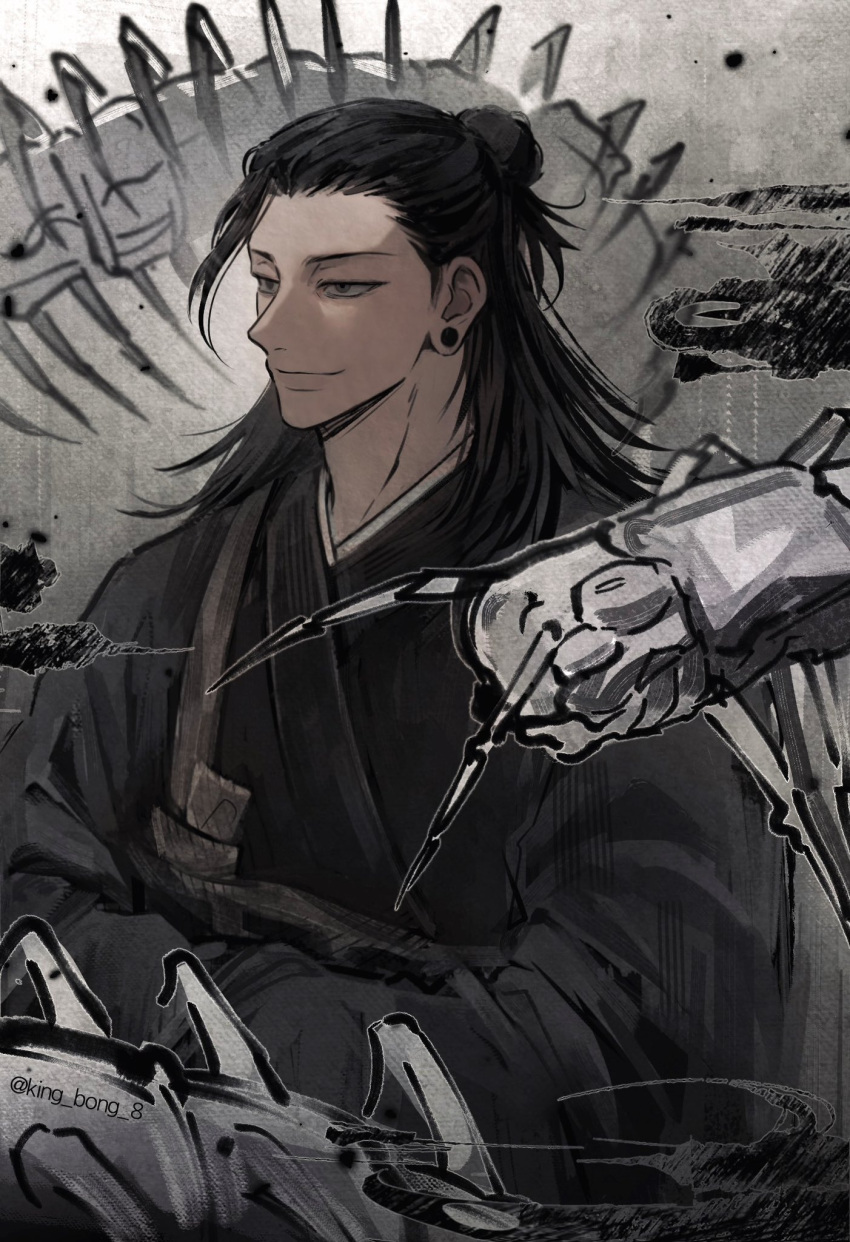 1boy, black_eyes, black_hair, black_kimono, bug, centipede, closed_mouth, ear_piercing