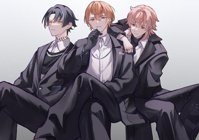 1nm8_(paradox_live), 3boys, black_hair, closed_mouth, earrings, grey_background, grey_hair, highres