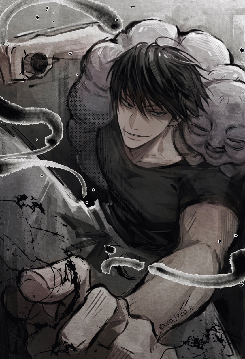 1boy, belt, black_background, black_belt, black_eyes, black_hair, black_shirt, cowboy_shot, fighting_stance, fushiguro_touji, highres, holding, holding_weapon, jujutsu_kaisen, king_bong_8, looking_at_viewer, male_focus, monster, pants, reverse_grip, scar, scar_on_face, scar_on_mouth, shirt, short_hair, short_sleeves, smile, solo, standing, twitter_username, weapon, white_pants, worm