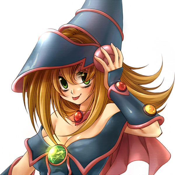 bad_id, bare_shoulders, blonde_hair, blush, choker, colored, dark_magician_girl, detached_sleeves, green_eyes, hat, long_hair, lynx_(artist), mozaiku, tongue, witch_hat, wizard_hat, yuu-gi-ou, yuu-gi-ou_duel_monsters