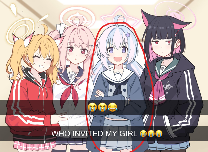 4girls, ahoge, animal_ears, black_choker, black_hair, black_jacket, black_neckerchief, black_pantyhose