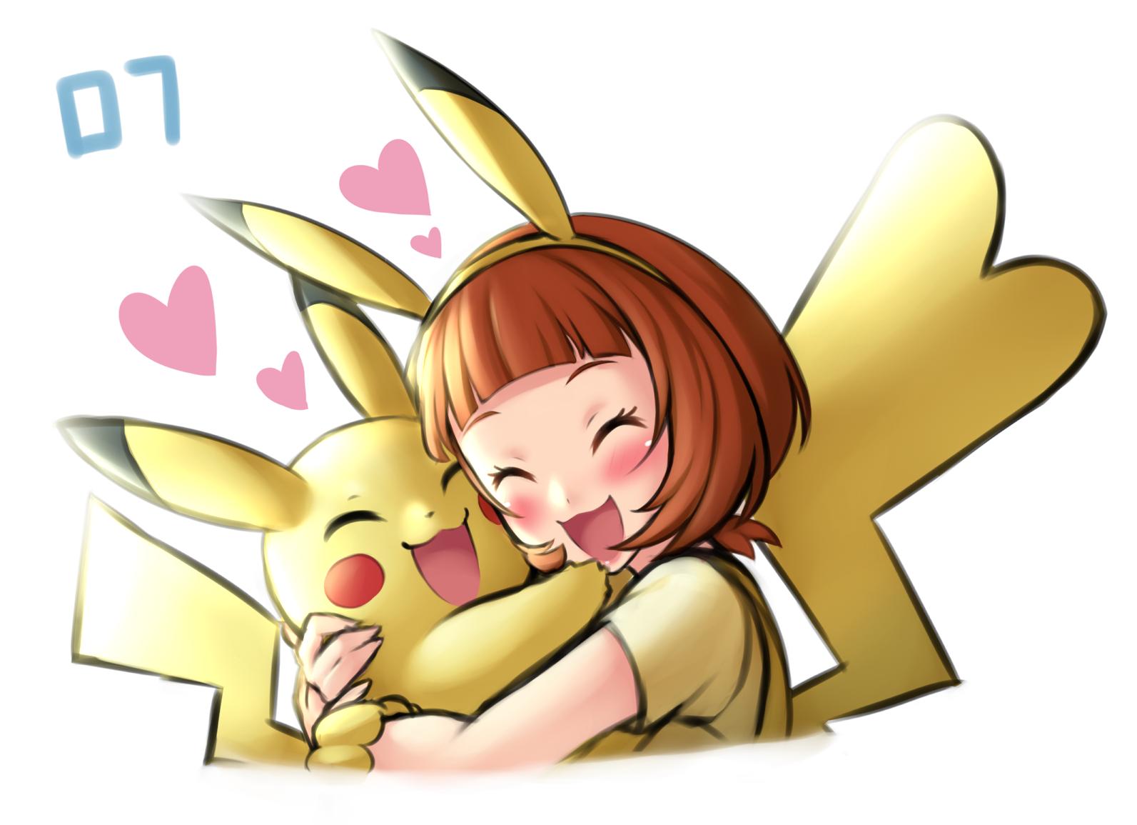 1girl, blunt_bangs, bob_cut, closed_eyes, eyelashes, fake_tail, heart, hug