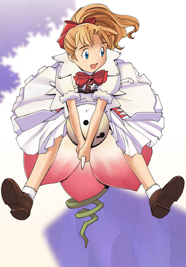 1girl, blue_eyes, bouncing, bow, brave_fencer_musashiden, dress, full_body, hair_bow, long_hair, monster, official_art, ogata_kouji, open_mouth, princess_fillet, red_bow, shadow, smile, white_dress