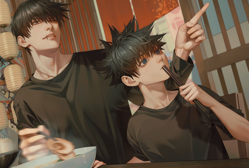 2boys, aged_down, black_hair, black_shirt, blue_eyes, bowl, chopsticks, father_and_son