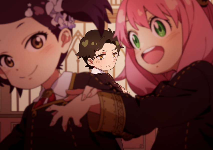 1boy, 2girls, :d, anya_(spy_x_family), becky_blackbell, black_dress, black_jacket, blurry