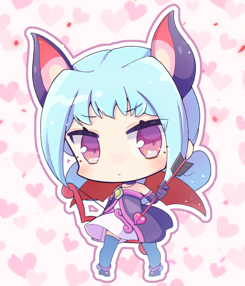 1girl, animal_ears, arrow_(projectile), bat_ears, black_footwear, blue_hair, blue_thighhighs, blush